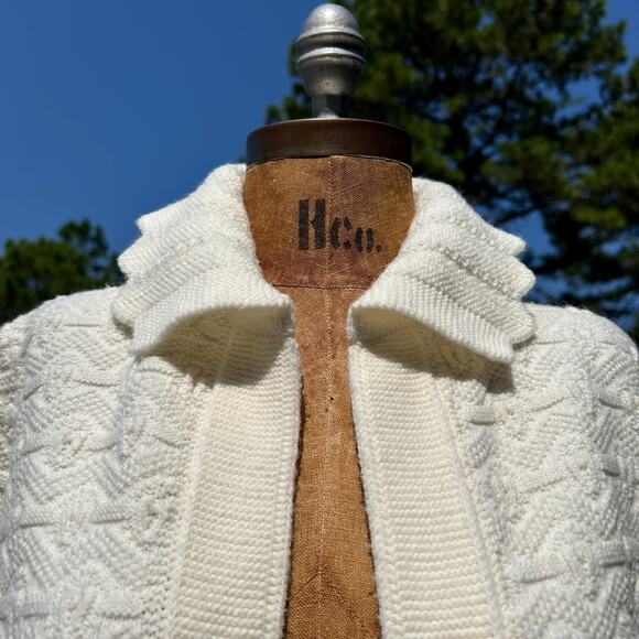 Vintage 60s Scalloped Collar Chunky Knit Long Cardigan Duster Sweater Robe M L - Picture 4 of 8